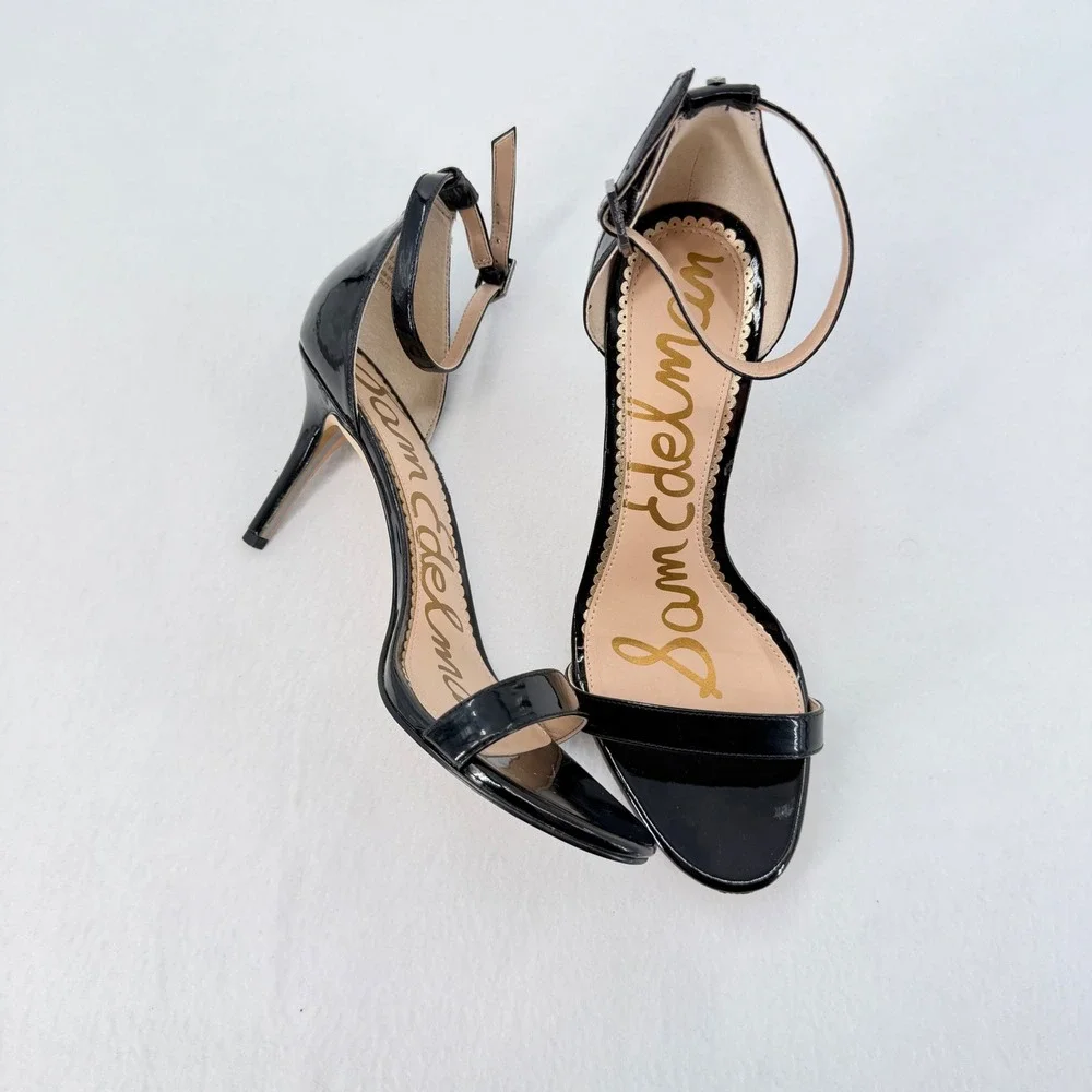 Sam Edelman Patti Heel Sandal Womens 8.5 Black Patent Stiletto Ankle Strap